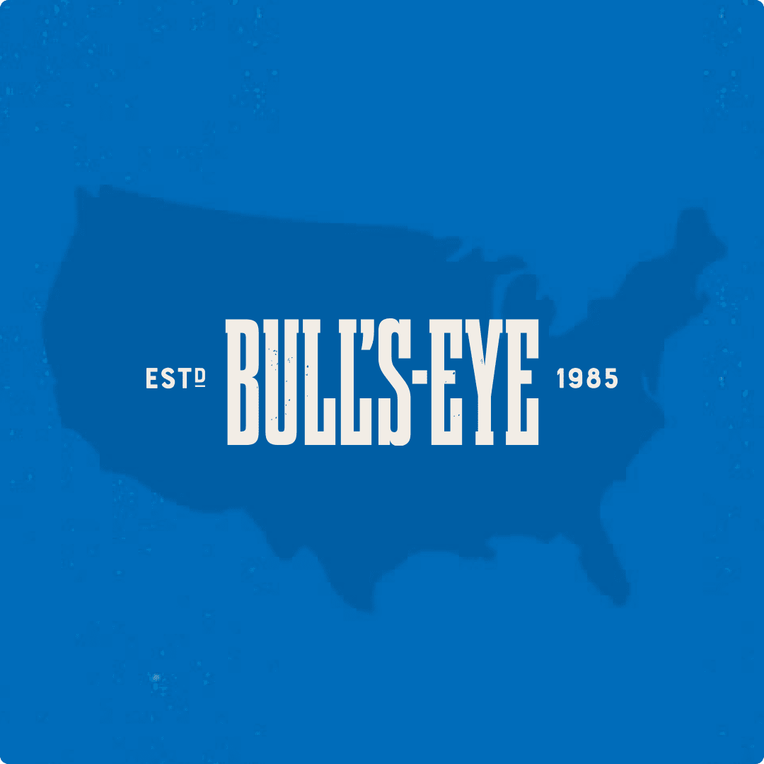 Logotipo de Bull's-Eye en un mapa de los EE. UU., establecido en 1985.