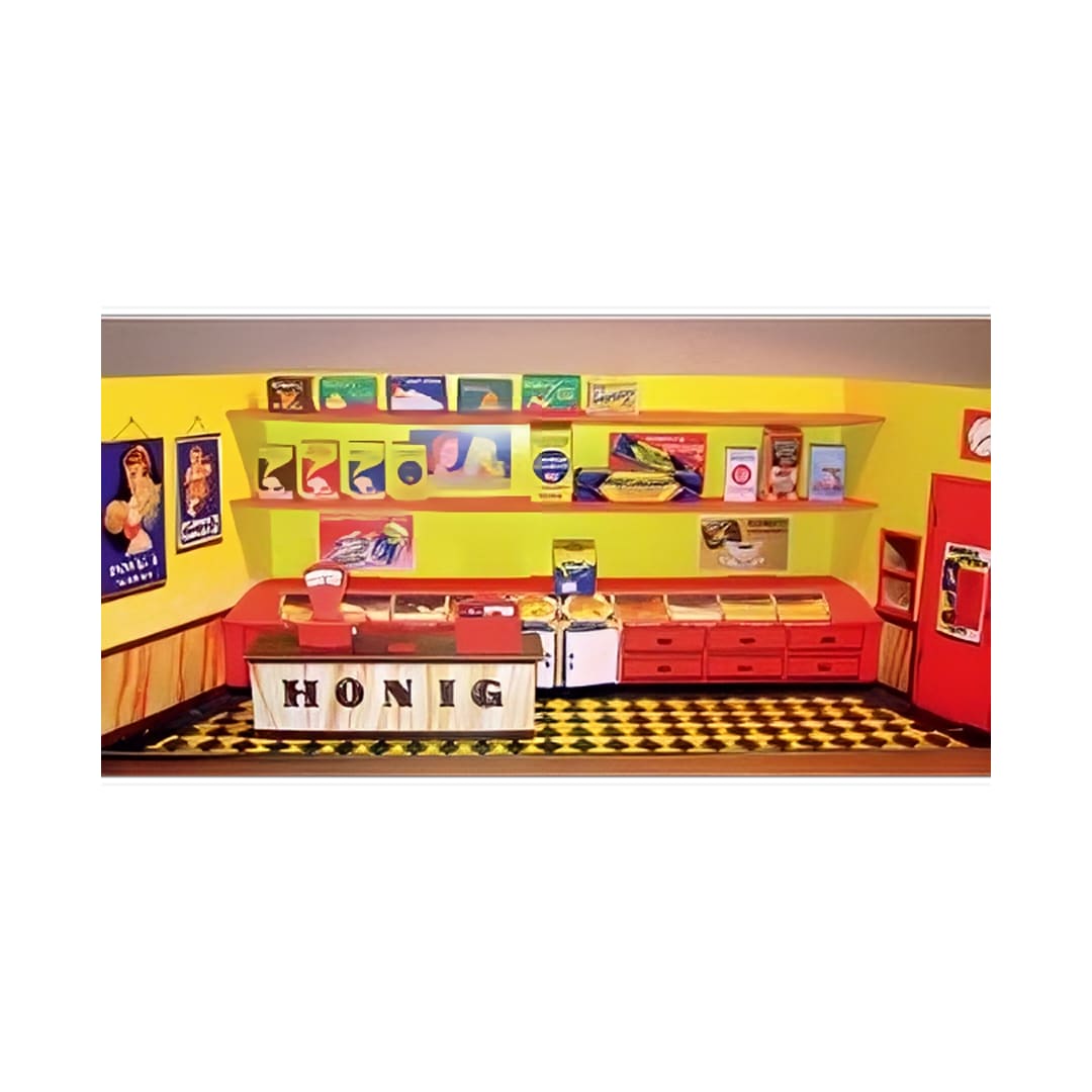 Interieur van een winkel met HONIG op de toonbank.