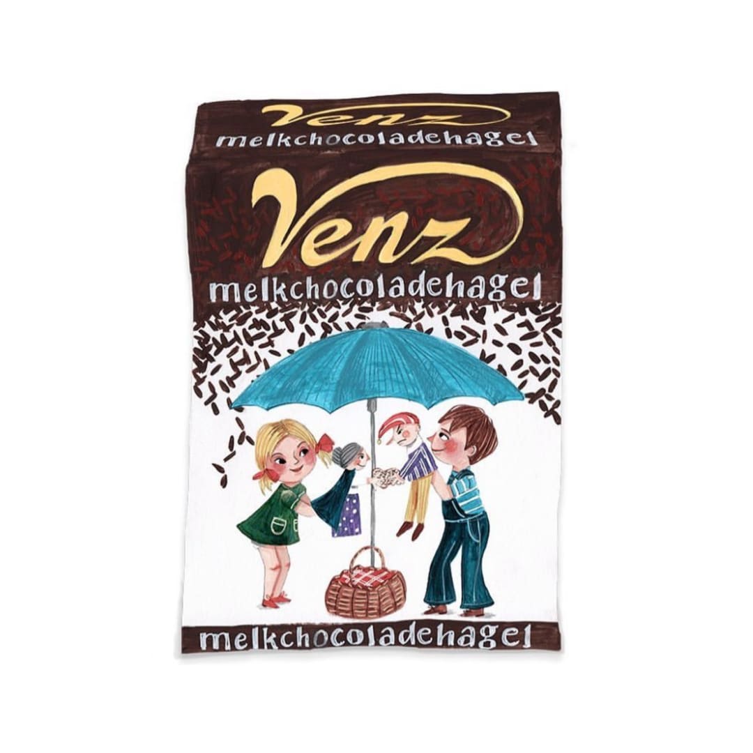 Illustratie van kinderen met poppen onder een paraplu op een Venz melkchocoladehagel verpakking.
