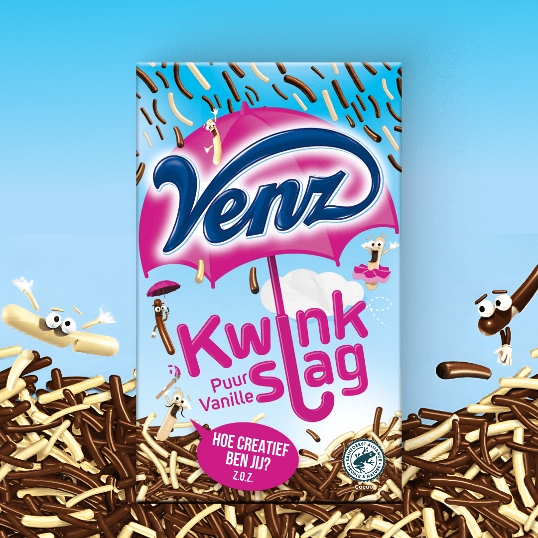 Venz Kwink Slag chocoladehagel verpakking met stripfiguren en een roze paraplu logo.
