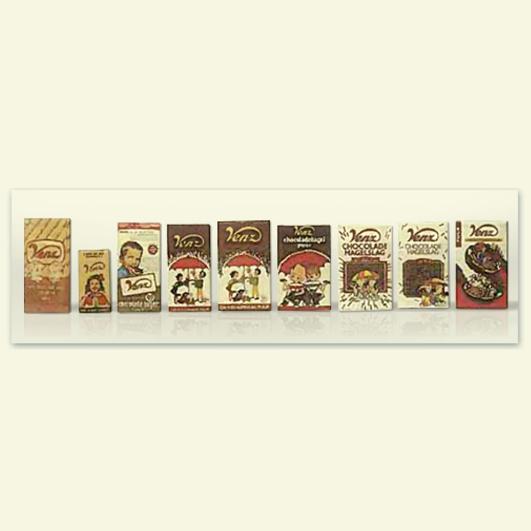 Diverse vintage Venz chocoladehagel dozen.