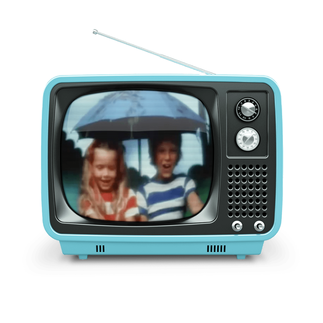 Retro-tv met kinderen en paraplu op het scherm.