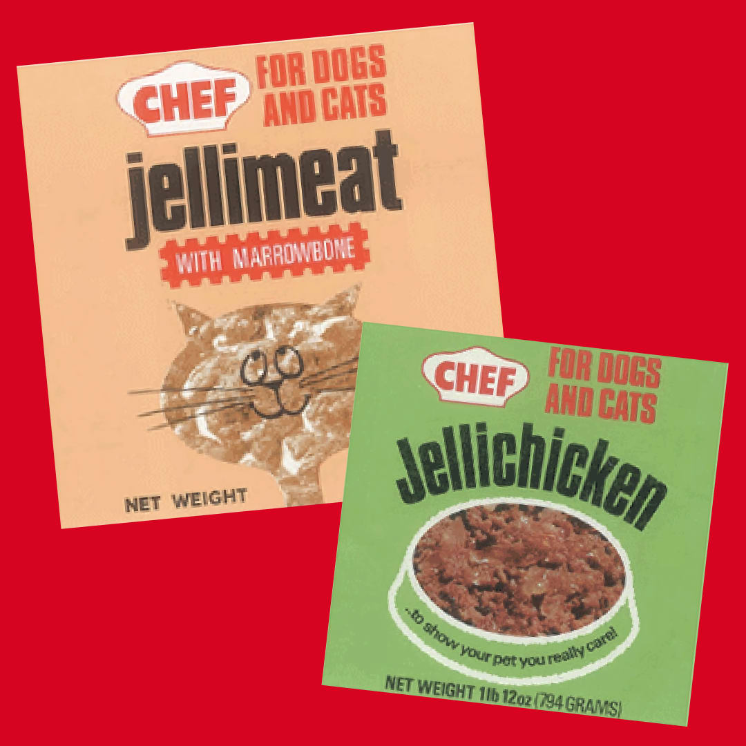 Two packages of Jellimeat and Jellichicken over a red background.