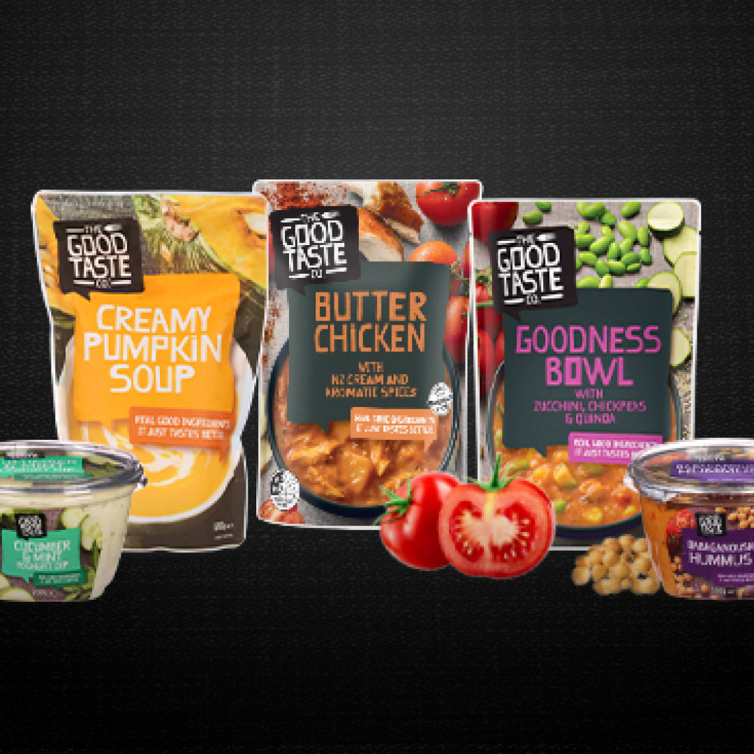 A collection of Good Taste Co products each next to their key ingredient.