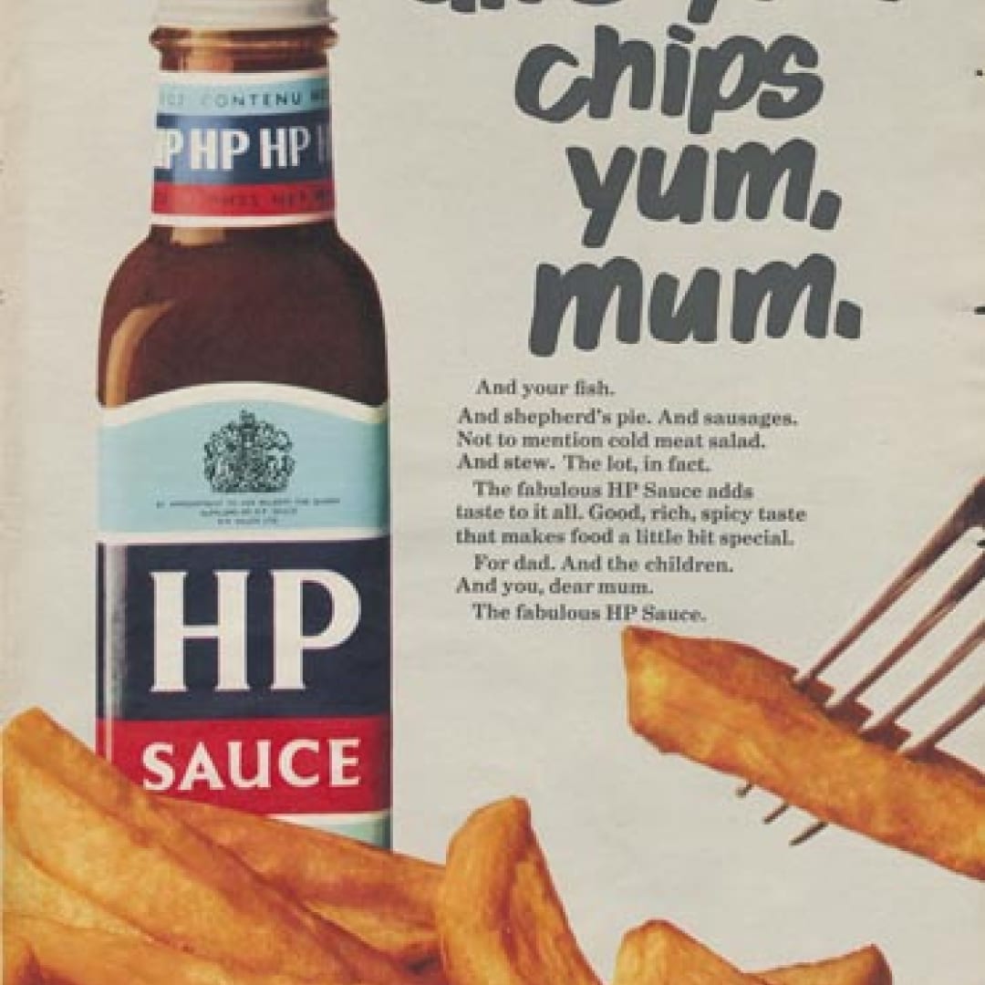 A classic HP Sauce ad depicting HP sauce on chips.