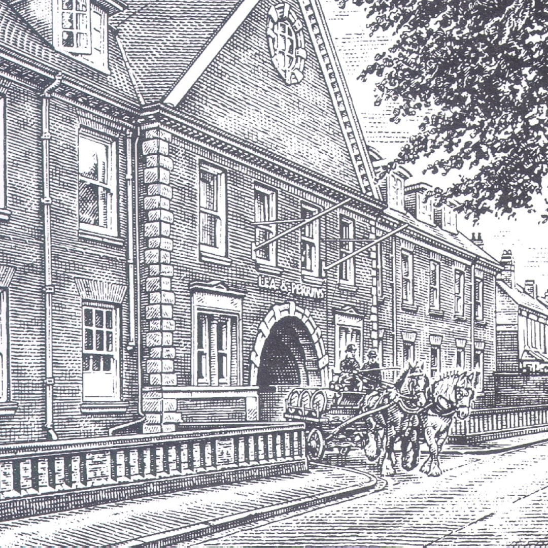 A black and white illustration of the Lea and Perrins factory.