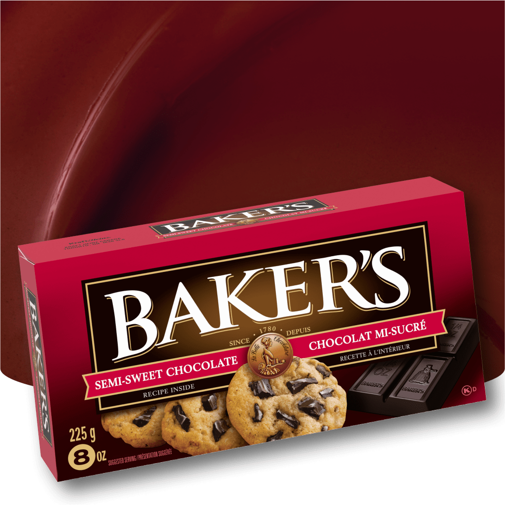 Baker's semi-sweet chocolate box with chocolate chip cookies.