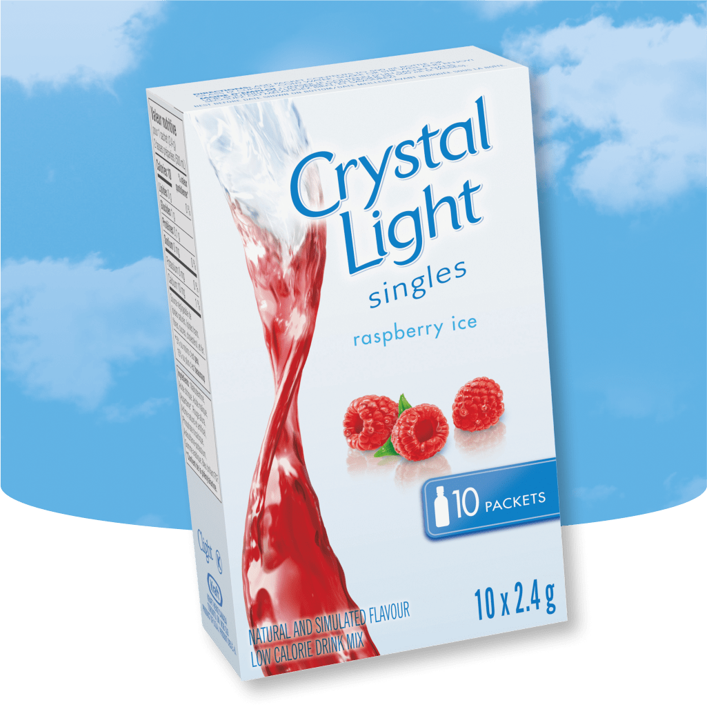 A box of Crystal Light Singles Raspberry Ice drink mix is displayed against a background that is half blue sky with clouds an