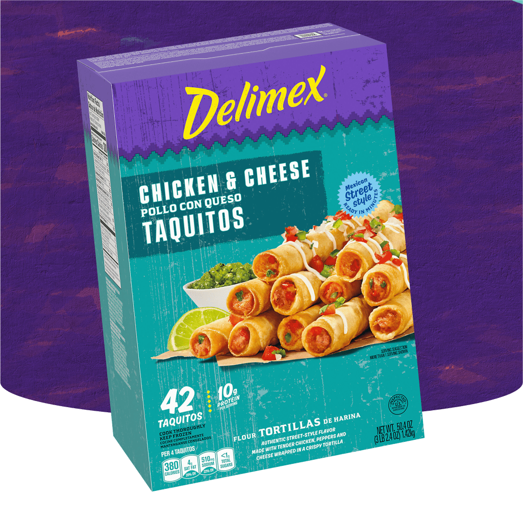 A box of Delimex Chicken & Cheese Taquitos, showcasing "Mexican Street Style" flavor. The box displays 42 taquitos with 10g o
