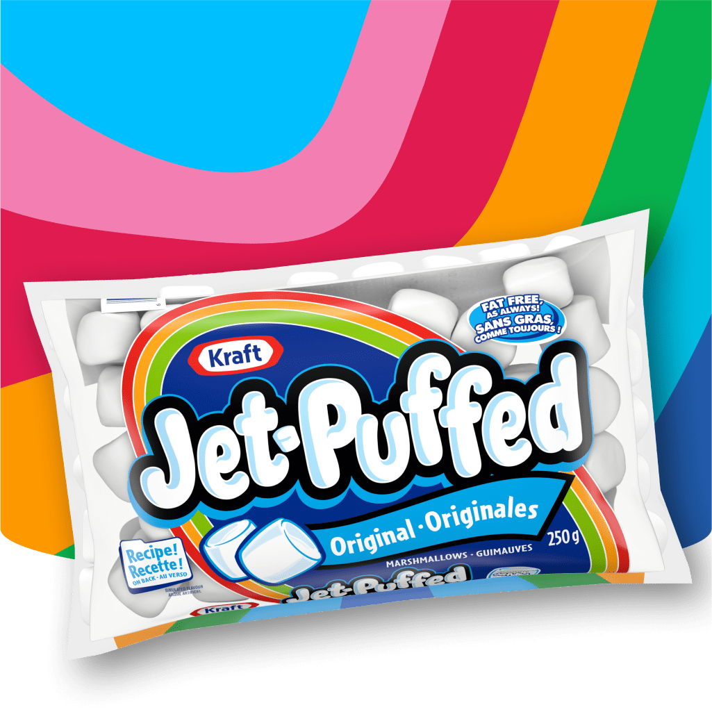 A bag of Kraft Jet-Puffed Original marshmallows. The packaging features the Kraft and Jet-Puffed logos, emphasizes the "fat f