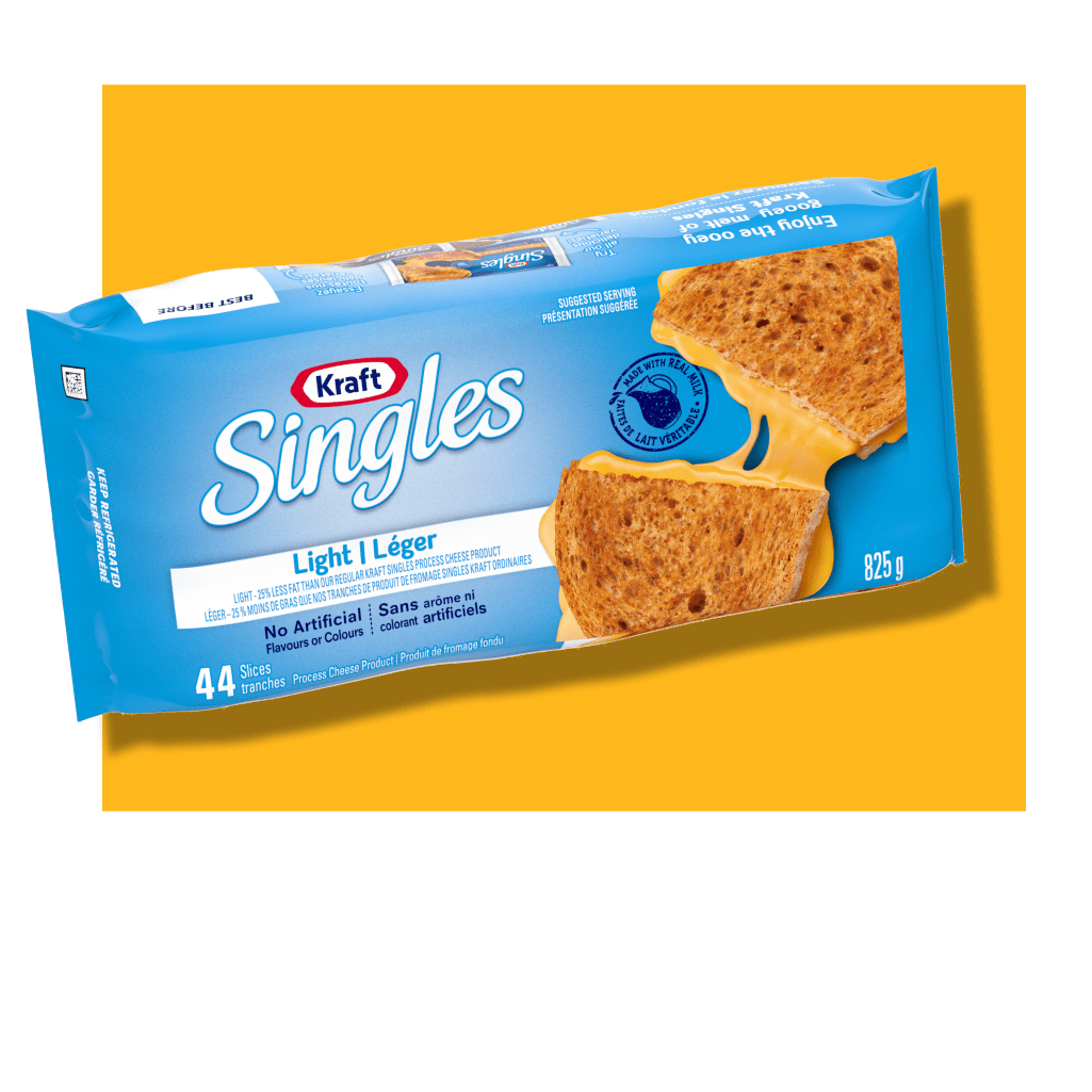 Package of Kraft Singles cheese slices featuring grilled cheese sandwiches on the wrapper. The package is blue with white tex