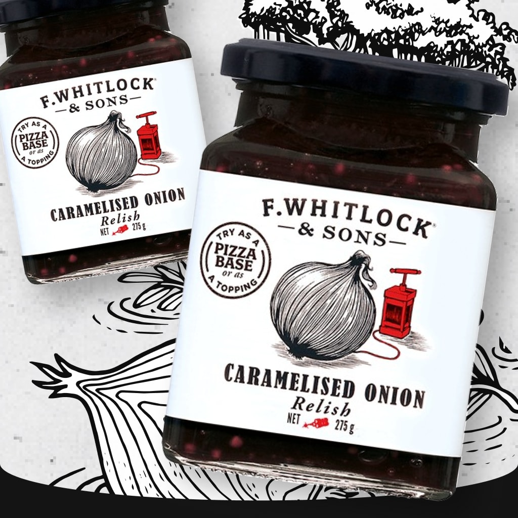 Two jars of F. Whitlock & Sons Caramelised Onion Relish sitting before an illustrated background of onions.