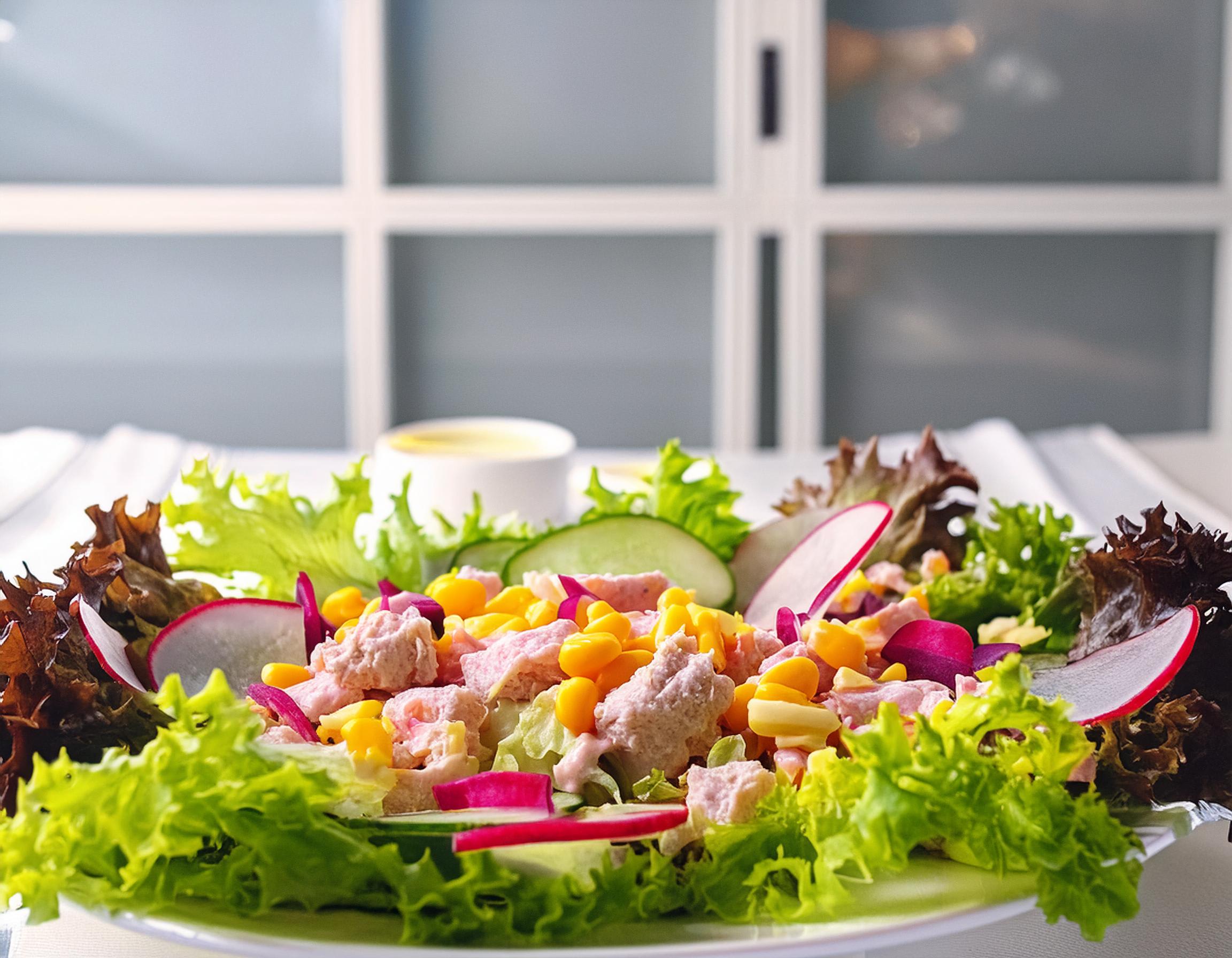 Ensalada de lechugas mixtas con atún Tuny bajo en sodio y mayonesa con limón Heinz chipotle