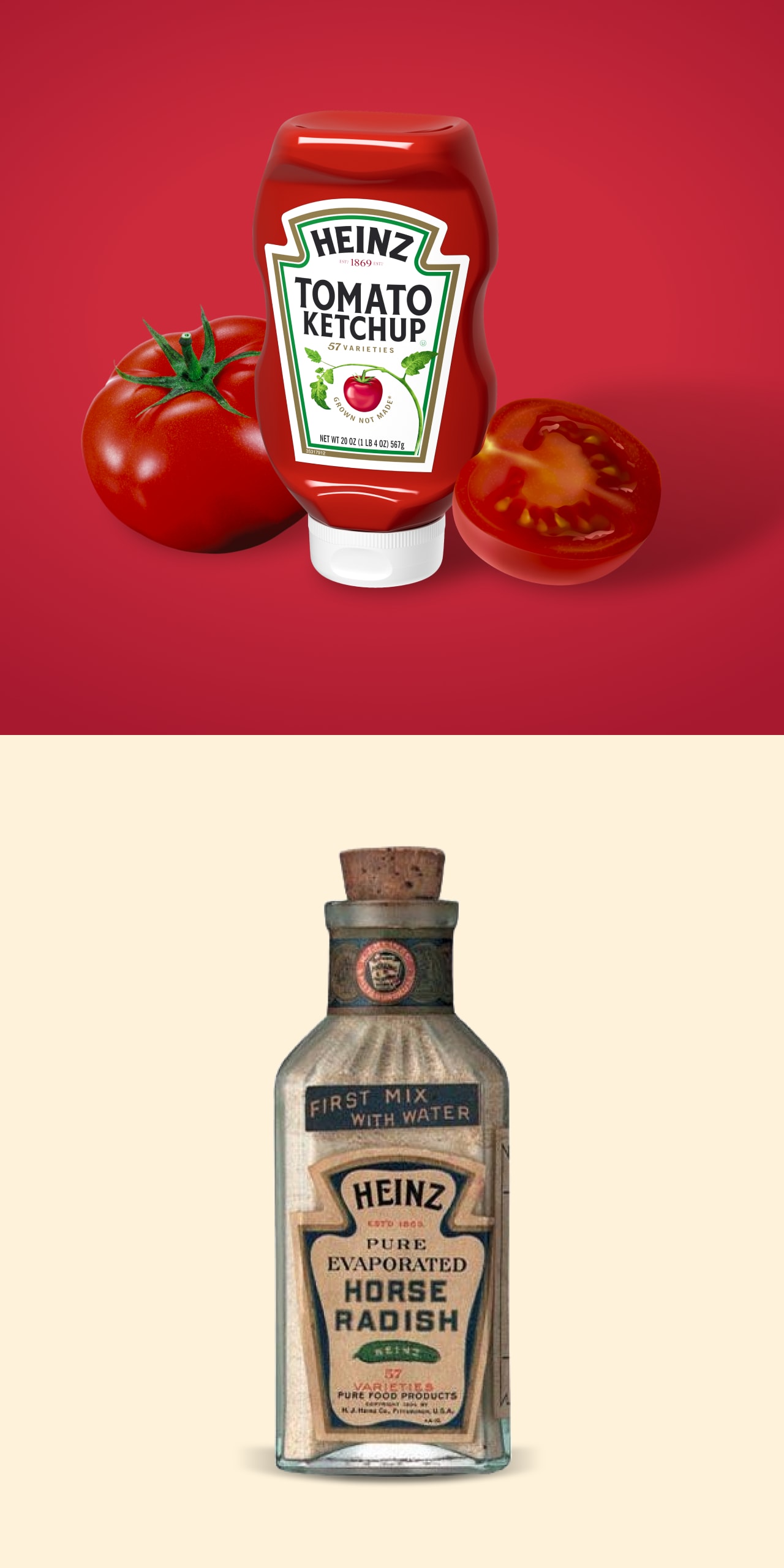 トマト 2 個の隣にハインツ ケチャップのボトルがあります。ハインツ ホースラディッシュのビンテージボトル。