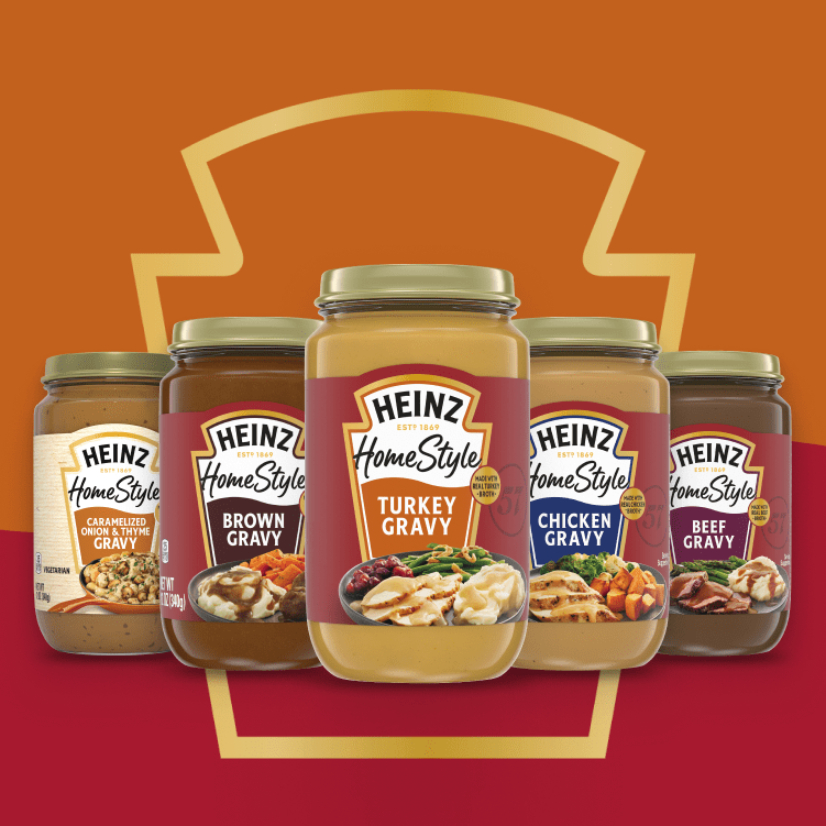 Image promoting Heinz Homestyle Gravy, featuring an array of gravy flavors.