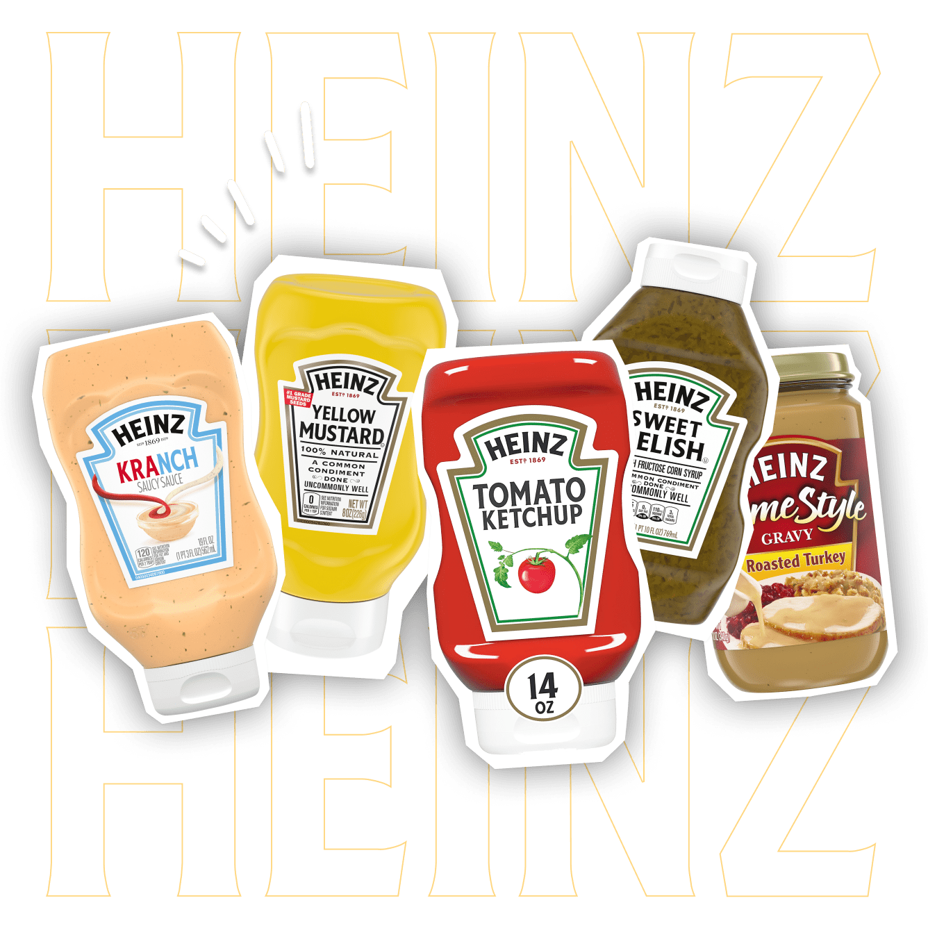 Selection of Heinz products, such as ketchup, mustard, and sauces.