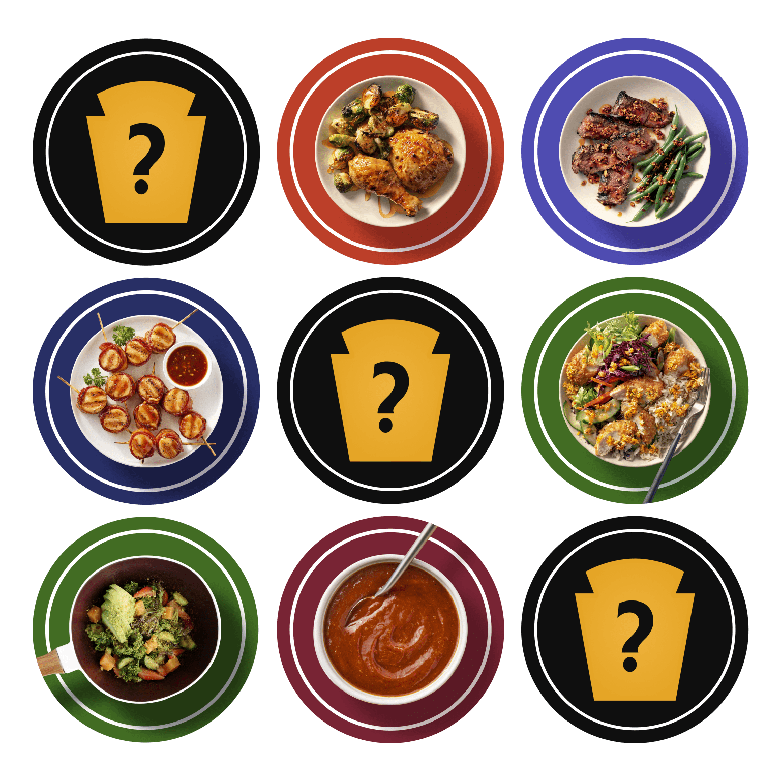 Images of various food dishes with a question mark.