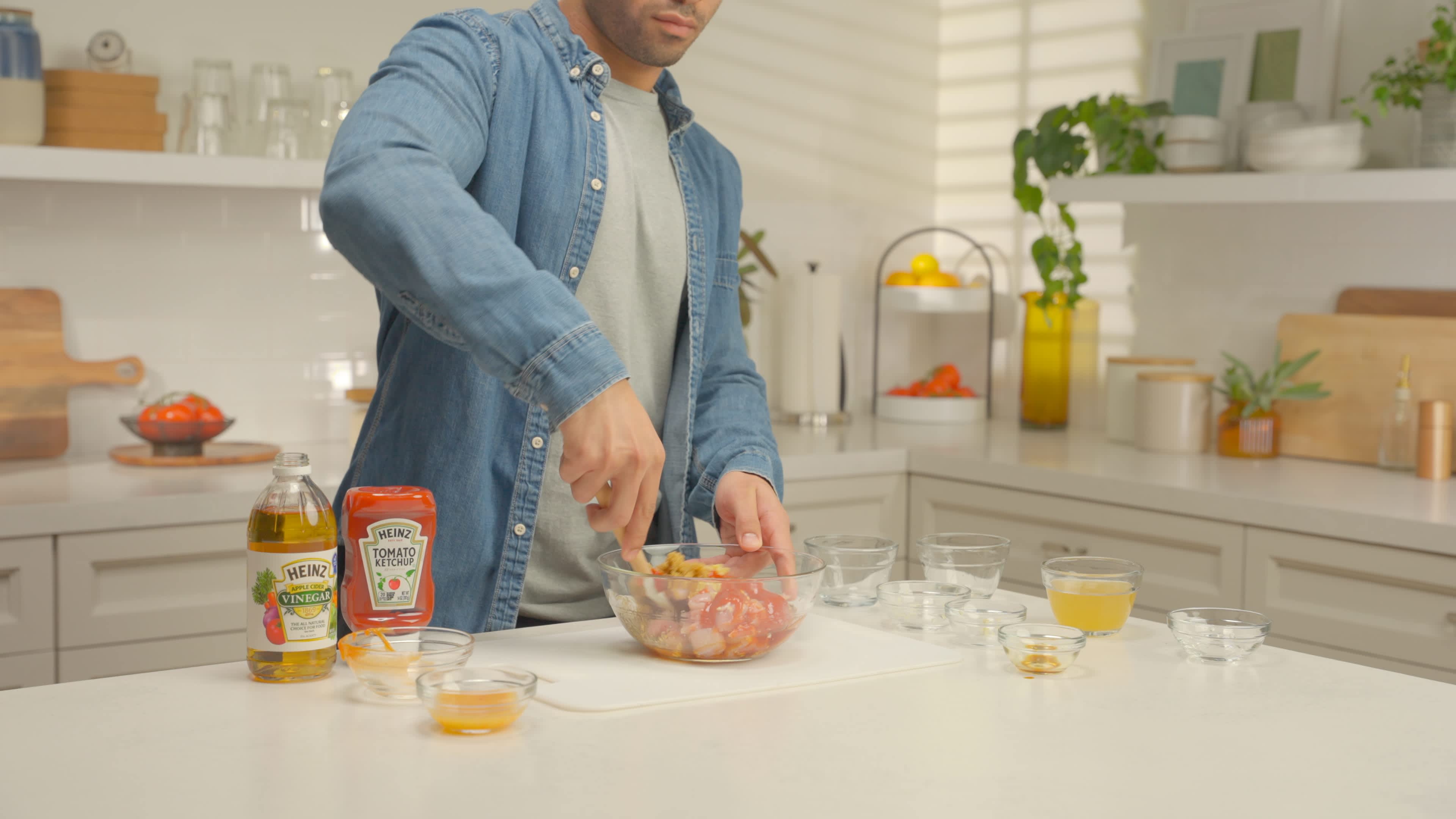 Put chicken in a large bowl with all ingredients except dressing.