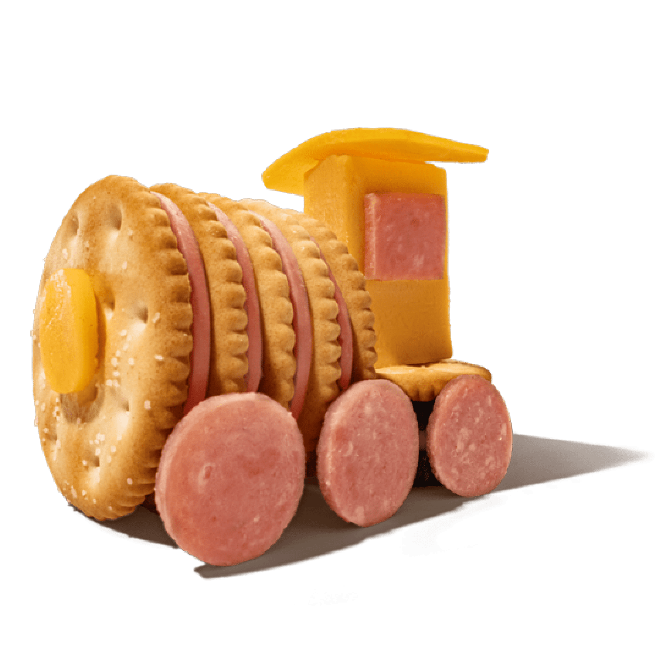 Train made of crackers, cheese, and sausage.