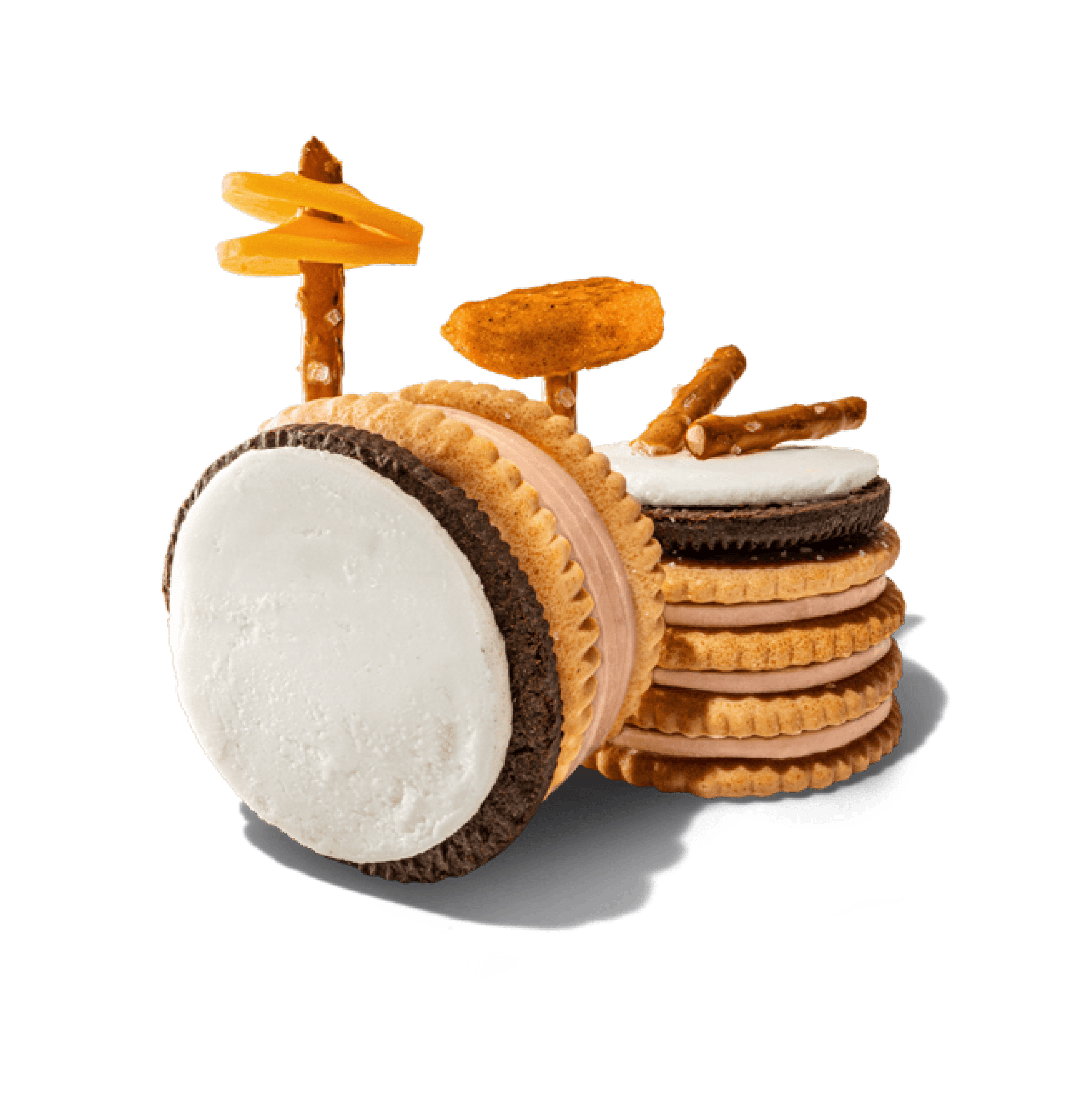 Drum set made of cookies, pretzels, and marshmallows.