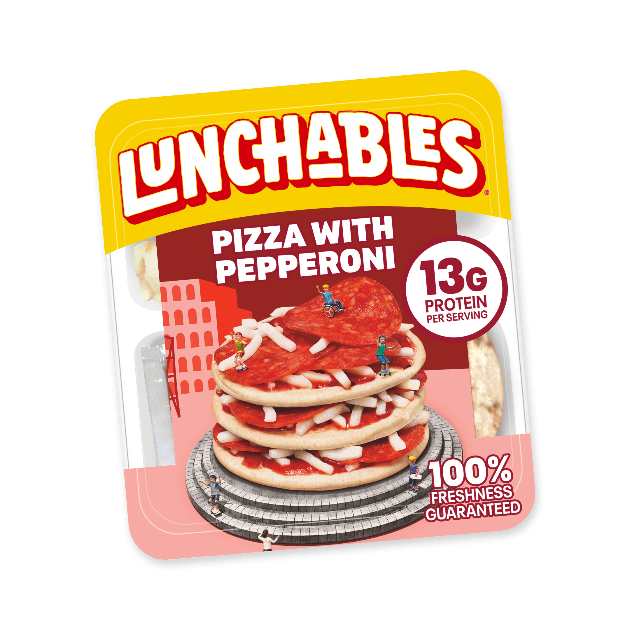 Lunchables Pepperoni Pizza stack with tiny people.