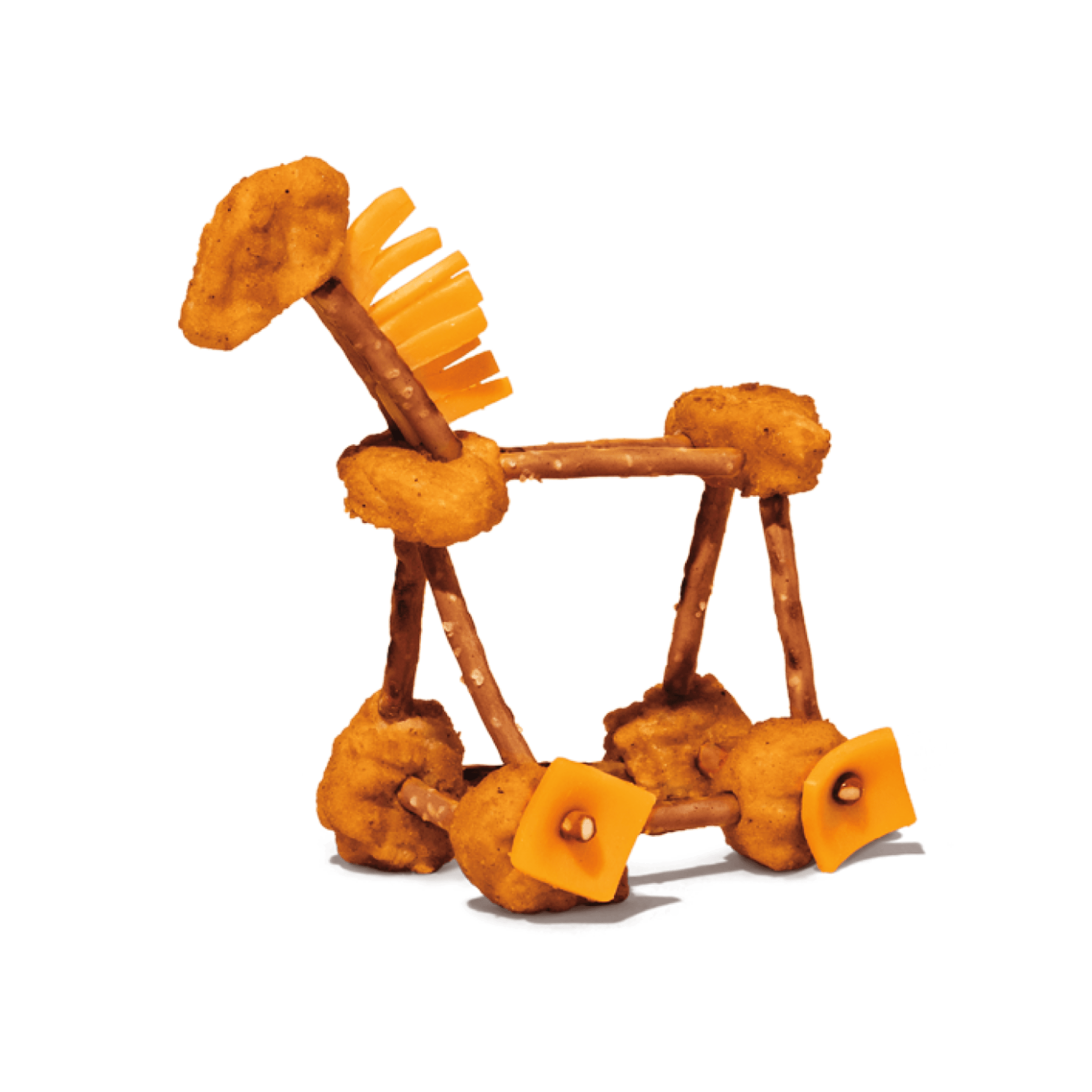 A horse figurine made of chicken nuggets, pretzels, and cheese.