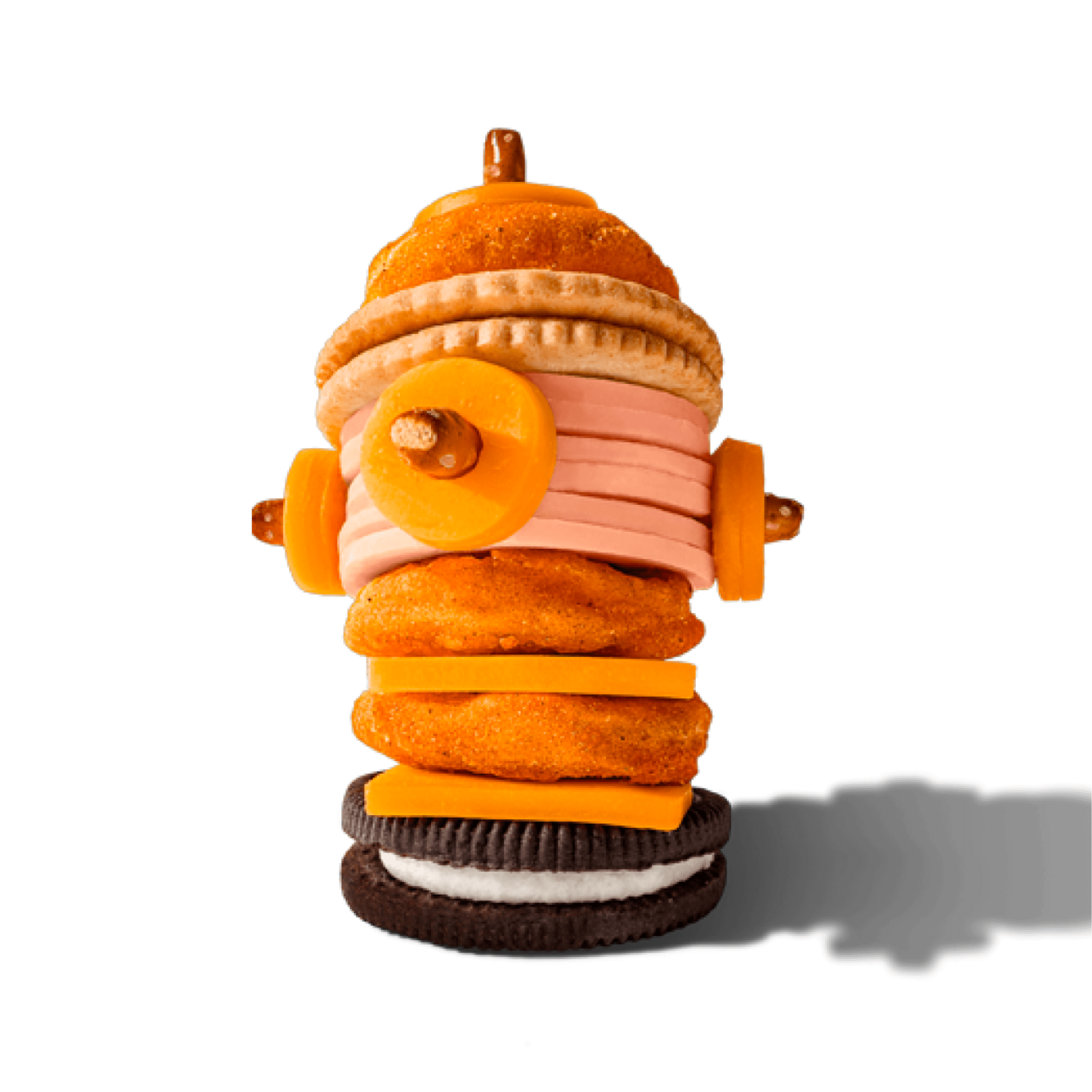 A fire hydrant made of stacked food items like cookies, chicken nuggets and cheese on a black background.
