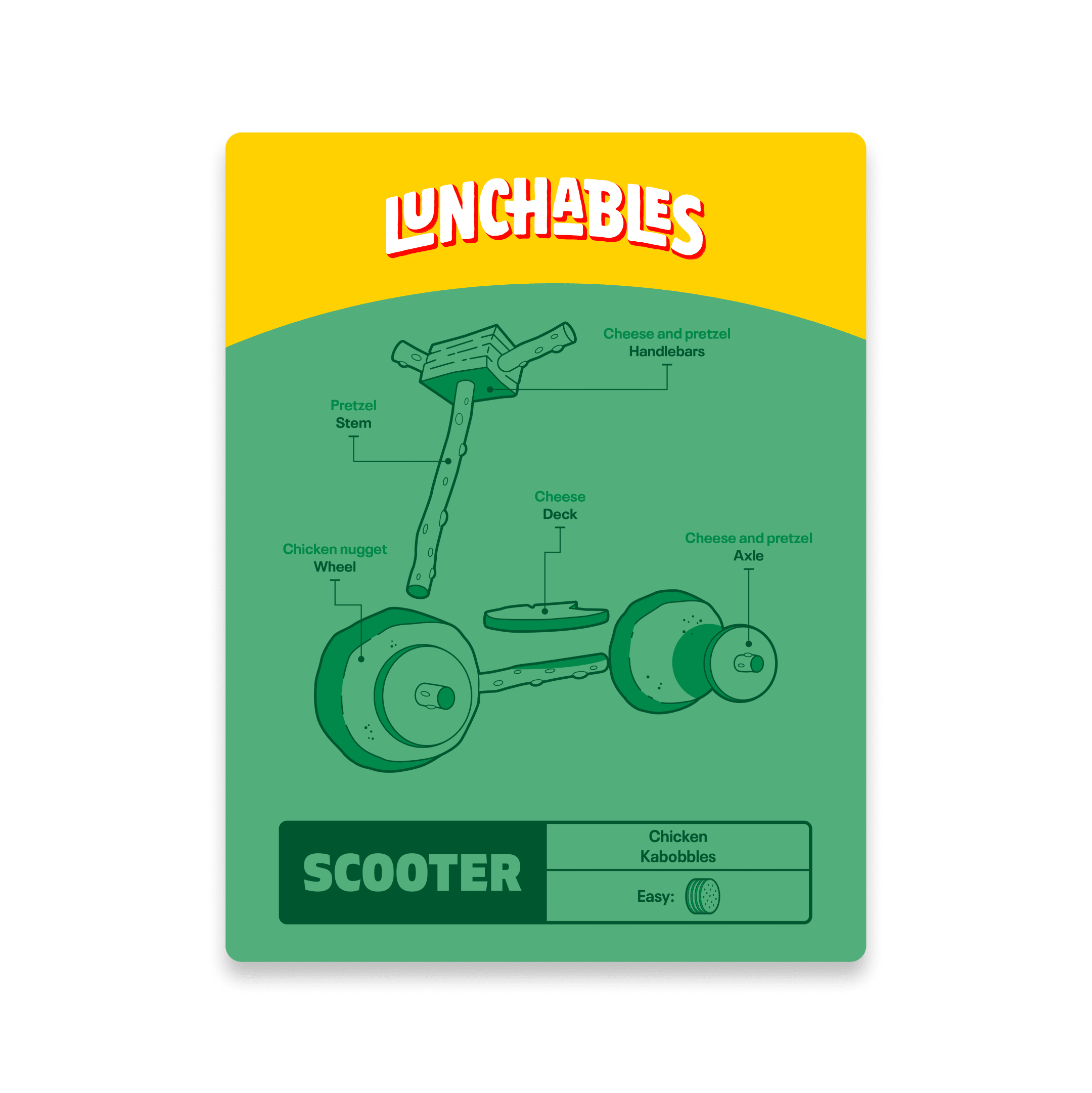 Lunchables scooter made of pretzel, cheese, and chicken nuggets.