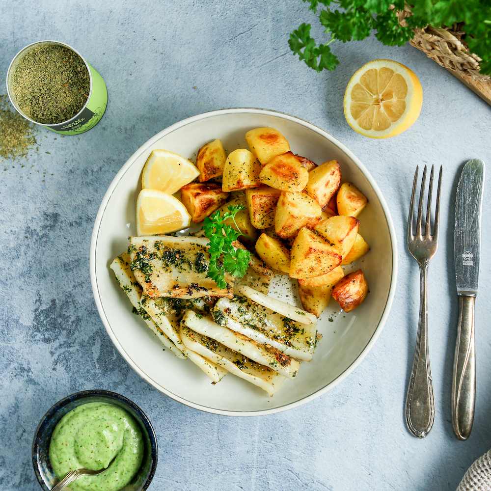 Gegrillter Tintenfisch mit Kartoffeln aus der Heißluftfritteuse