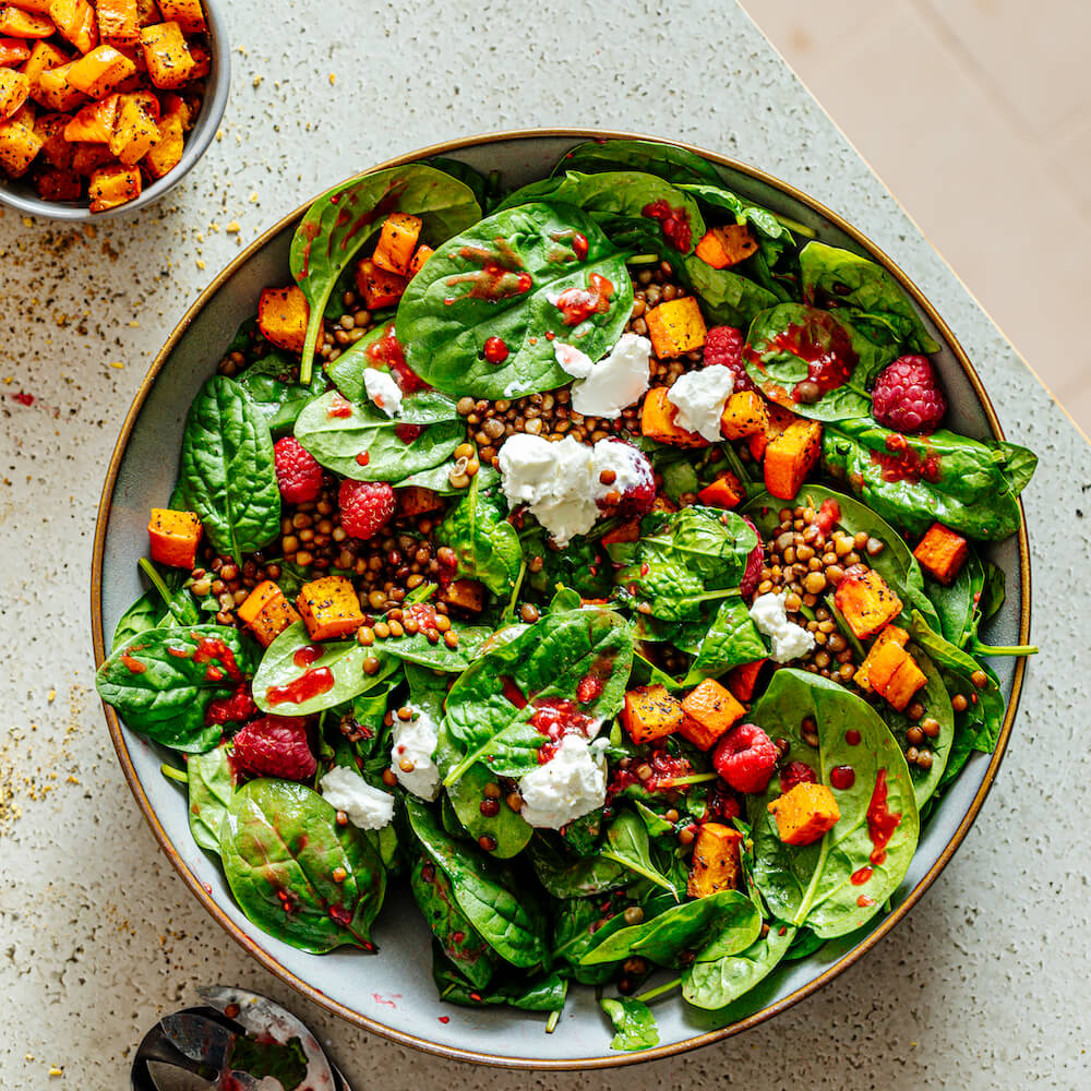 Kürbis Linsensalat mit Himbeerdressing