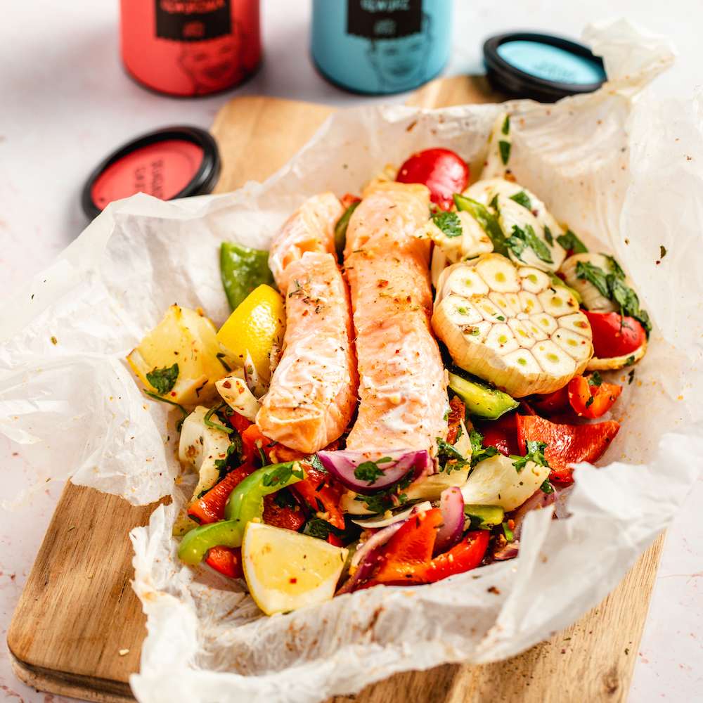 Lachs mit Gemüse aus der Heißluftfritteuse