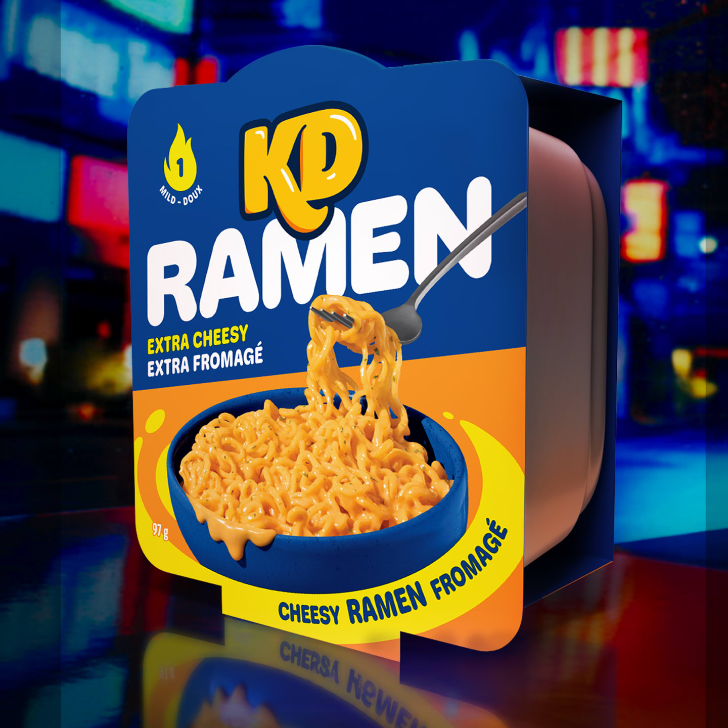 KD Extra Cheesy Ramen noodle bowl pack, mild heat, shown against a neon city background.