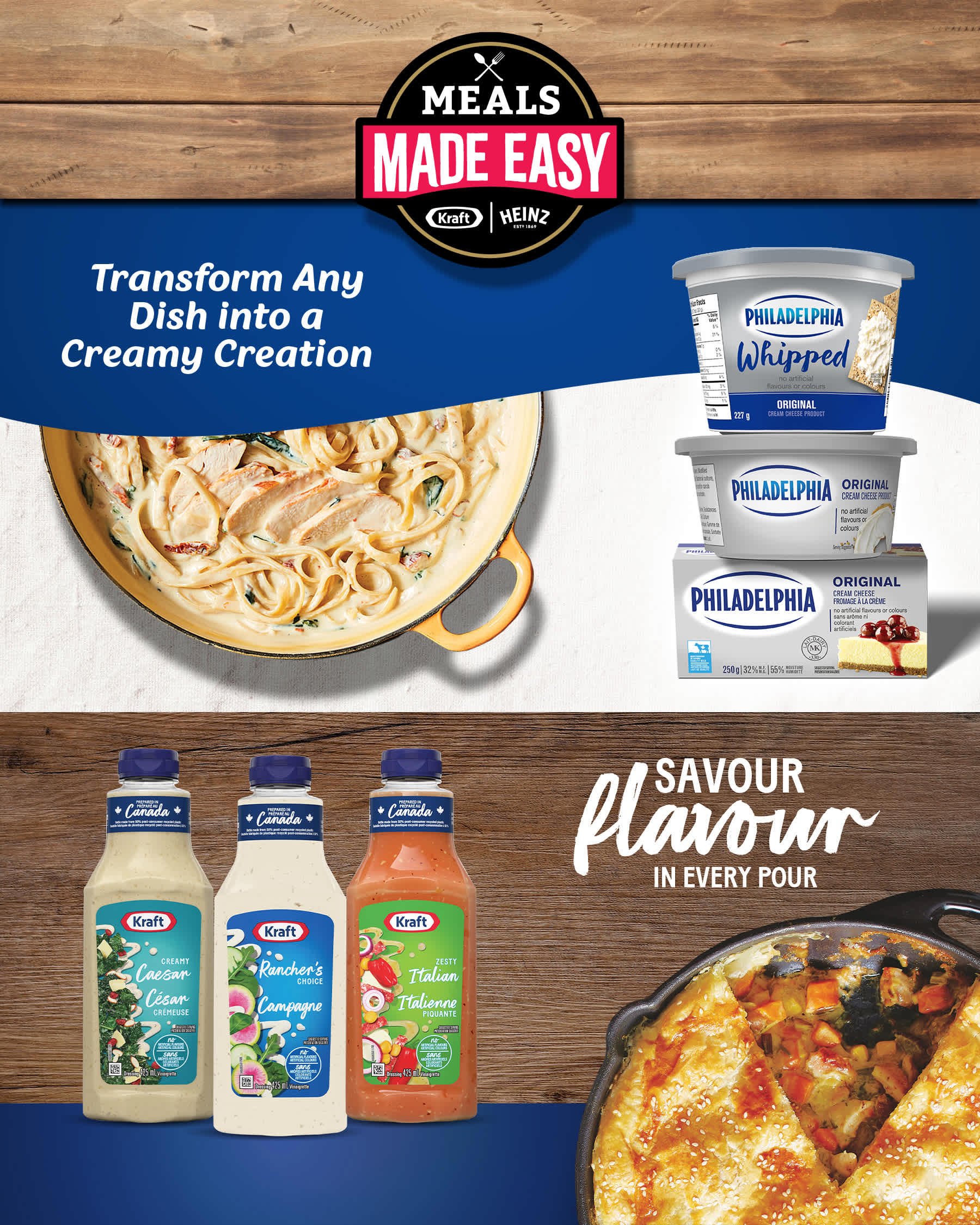 Kraft Heinz Meals Made Easy ad featuring Philadelphia cream cheese, Kraft dressings, and cooked pasta and casserole dishes.