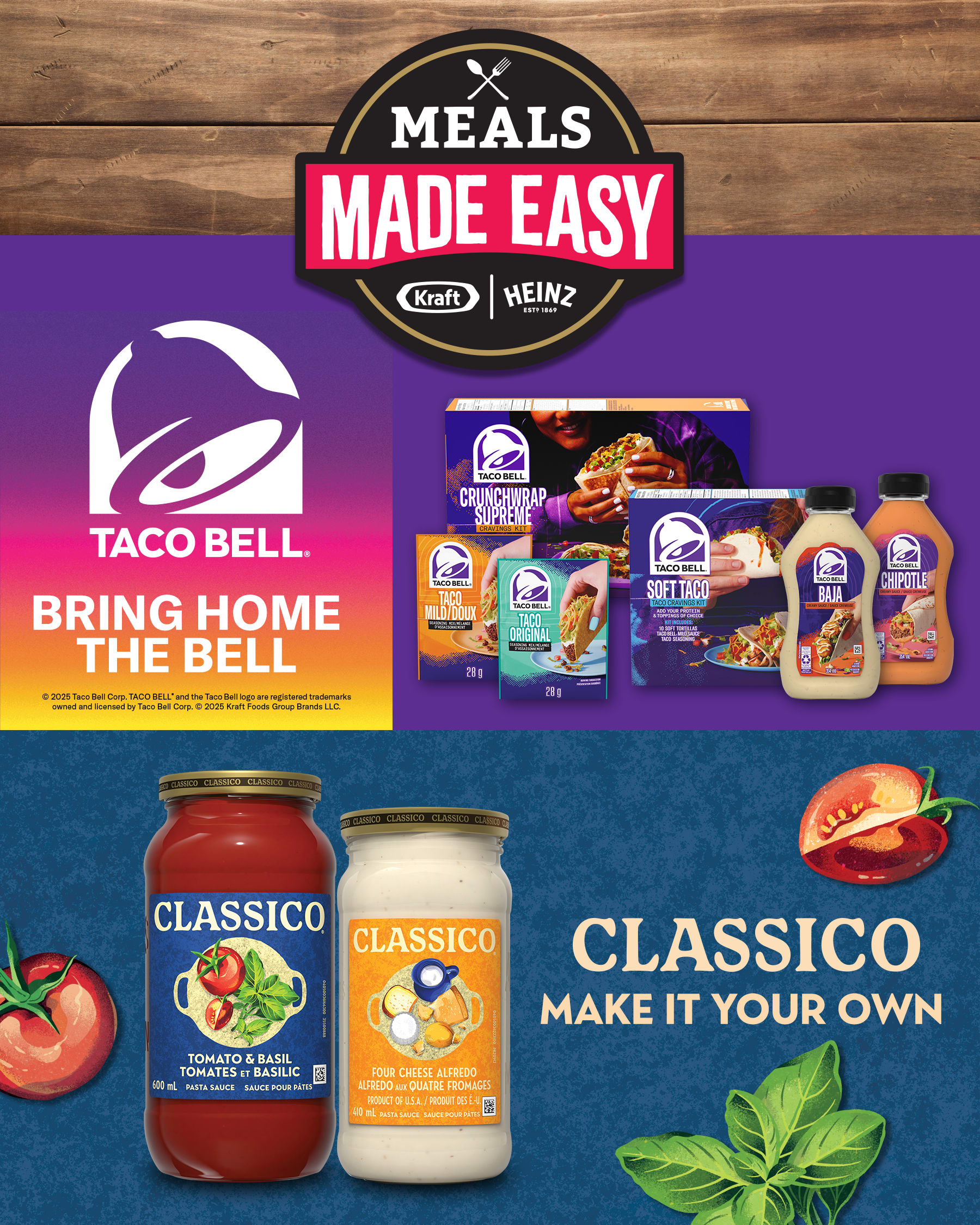 Meals Made Easy banner: Taco Bell craving kits, sauces, and a taco. Classico pasta sauces with tomatoes and basil.