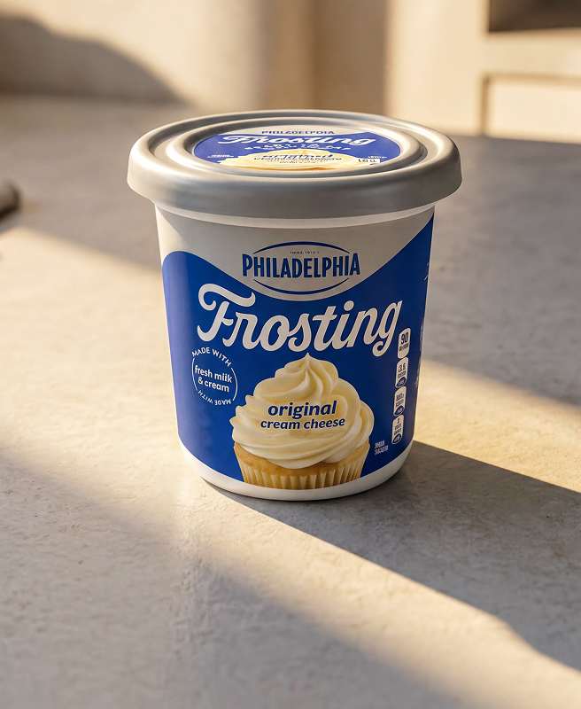 A tub of Philadelphia Cream Cheese Frosting