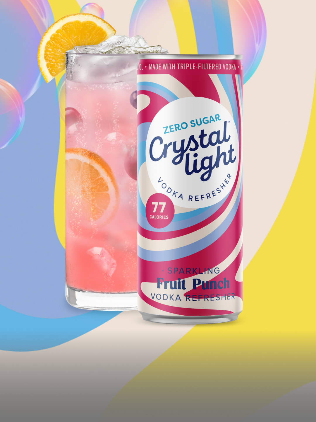Crystal Light Zero Sugar Sparkling Fruit Punch Vodka Refresher can against a yellow and blue swirling background.