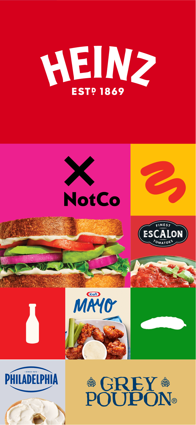 A colorful collage featuring logos and product images from various Kraft Heinz brands, including Philadelphia Cream Cheese on