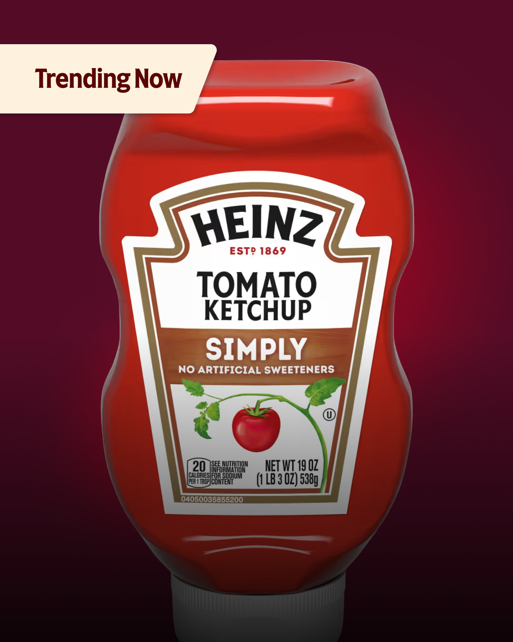 A bottle of Heinz Simply Tomato Ketchup, red with a white and brown label, featuring a fresh tomato illustration.