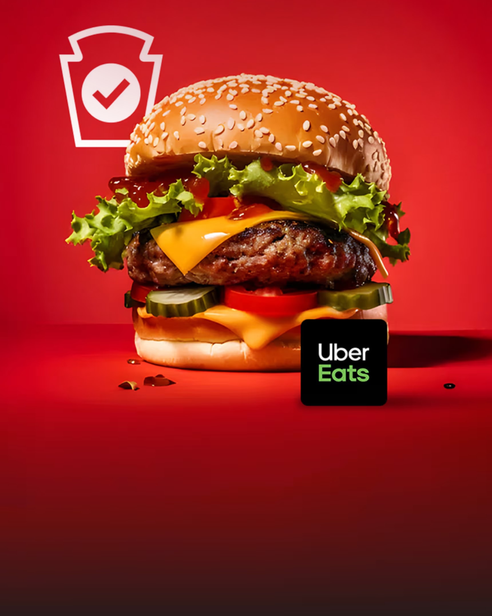 A juicy burger, complete with melted cheese, crisp lettuce, and ripe tomatoes, sits on a bold red background—a key color in t