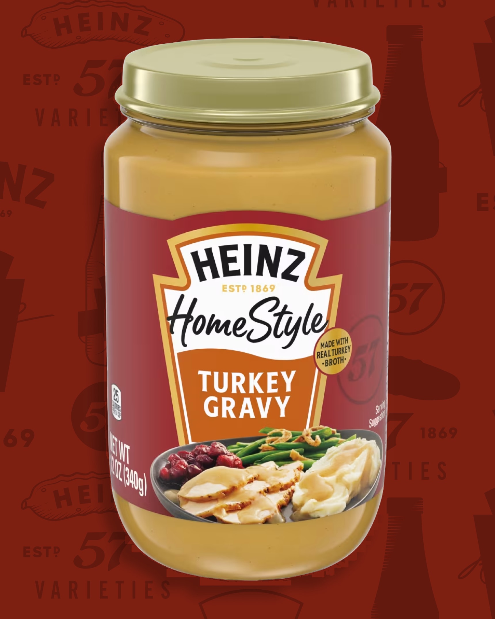 Heinz HomeStyle Turkey Gravy jar on a red background with a picture of turkey, mashed potatoes, and green beans.