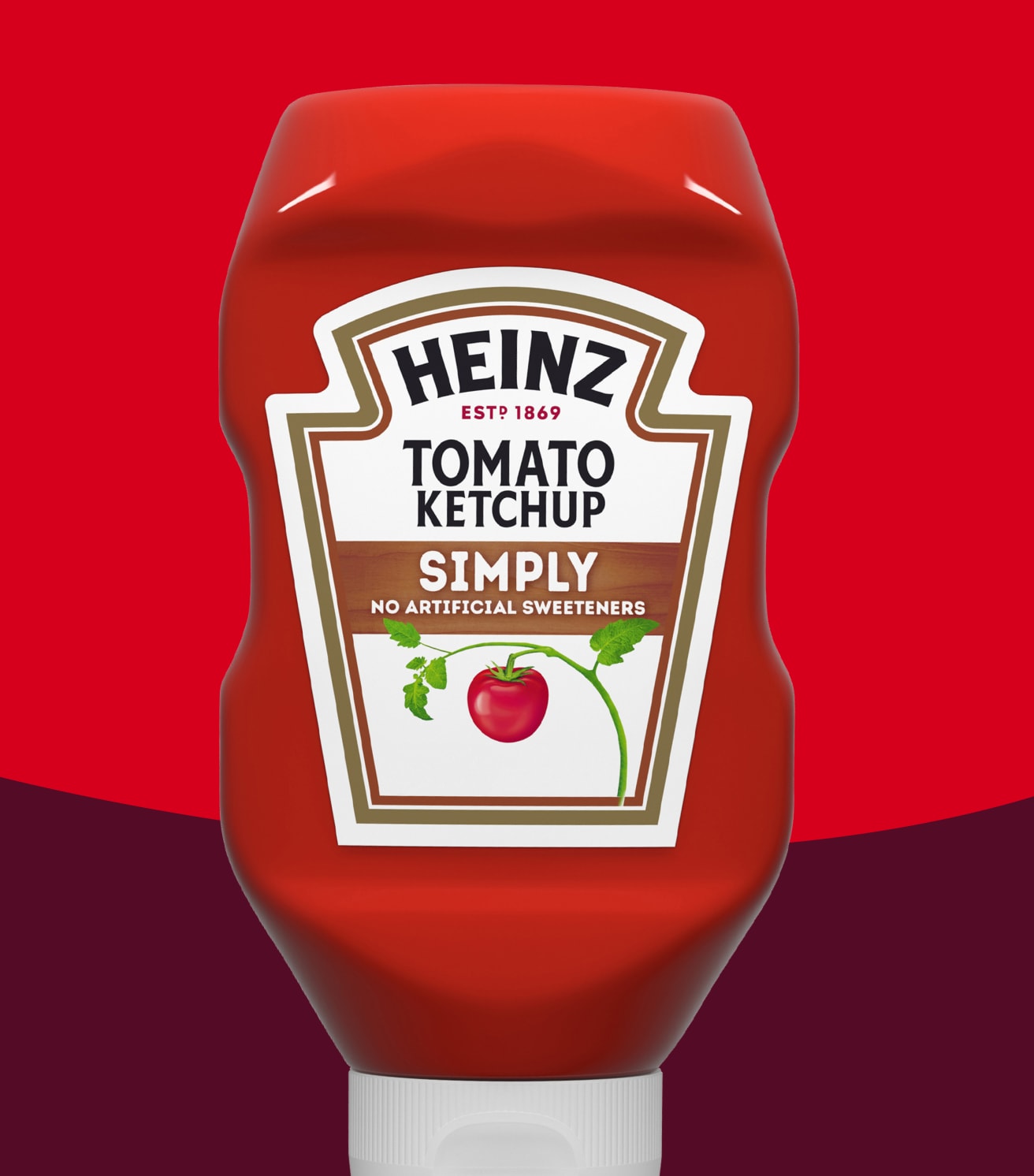 Heinz Simply Tomato Ketchup squeeze bottle with "No Artificial Sweeteners" on the label.