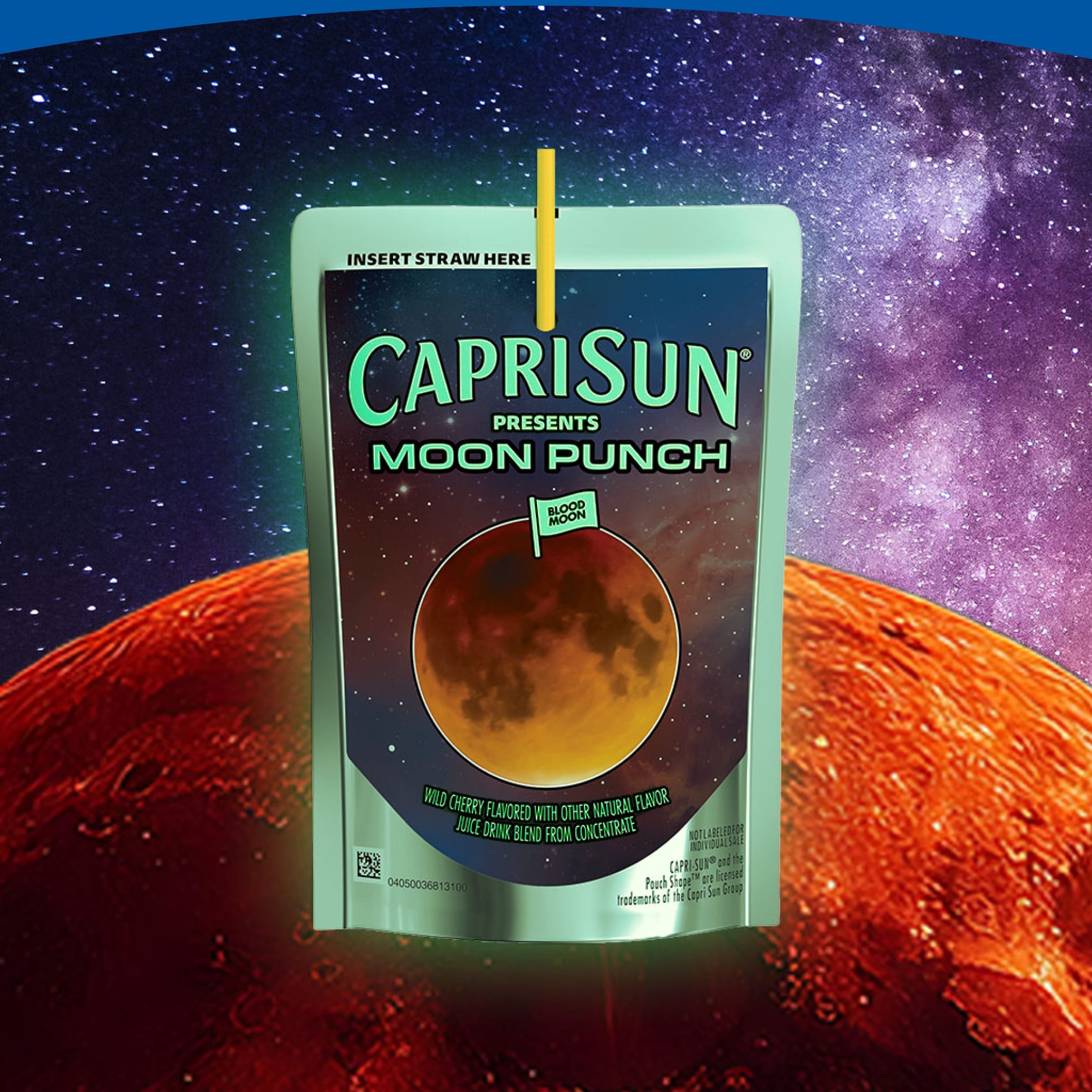 A Capri Sun "Moon Punch" pouch floating in space over a red lunar surface with a starry galaxy background.