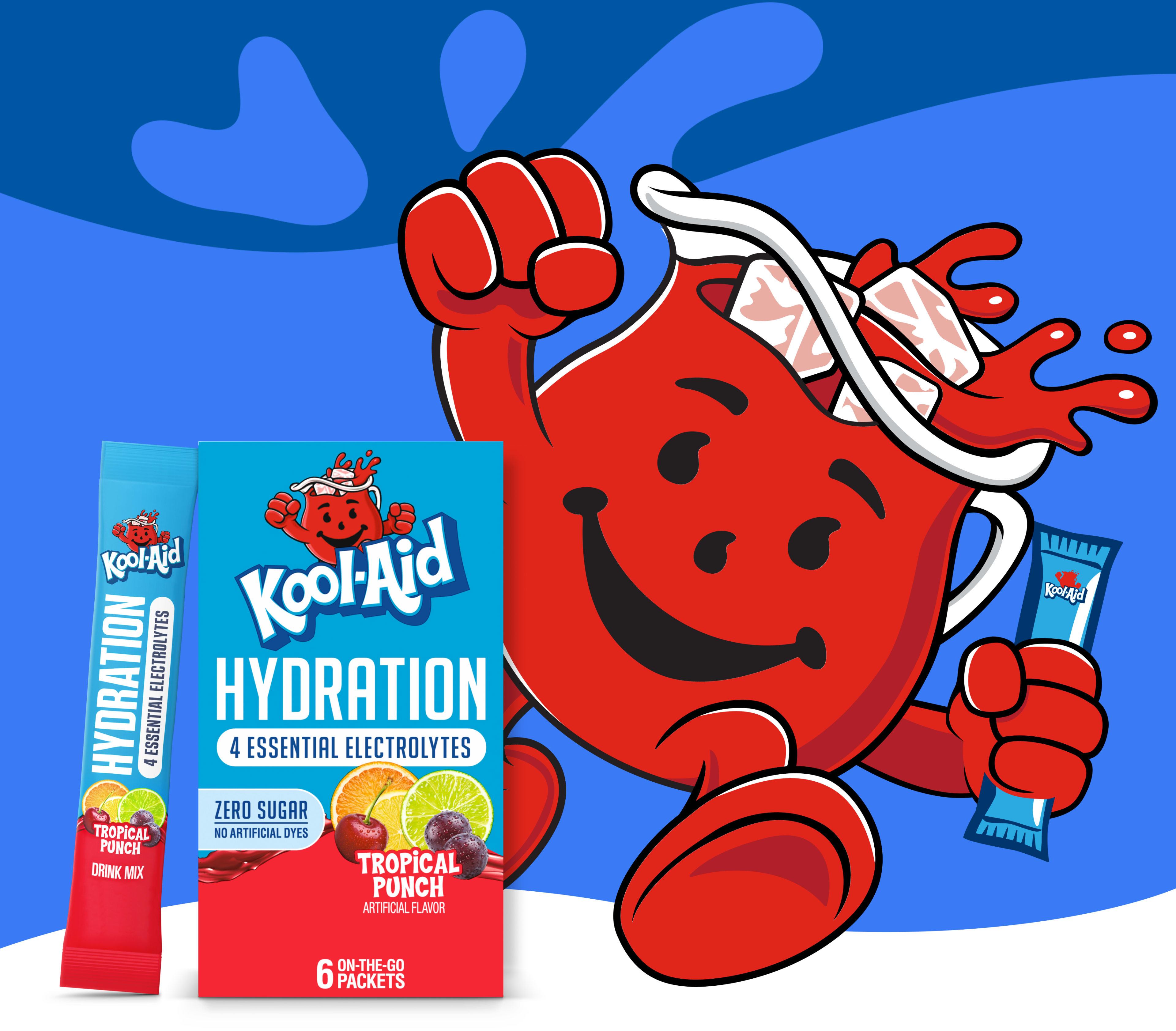 Kool-Aid Man crashing through brick wall with colorful hydration wave