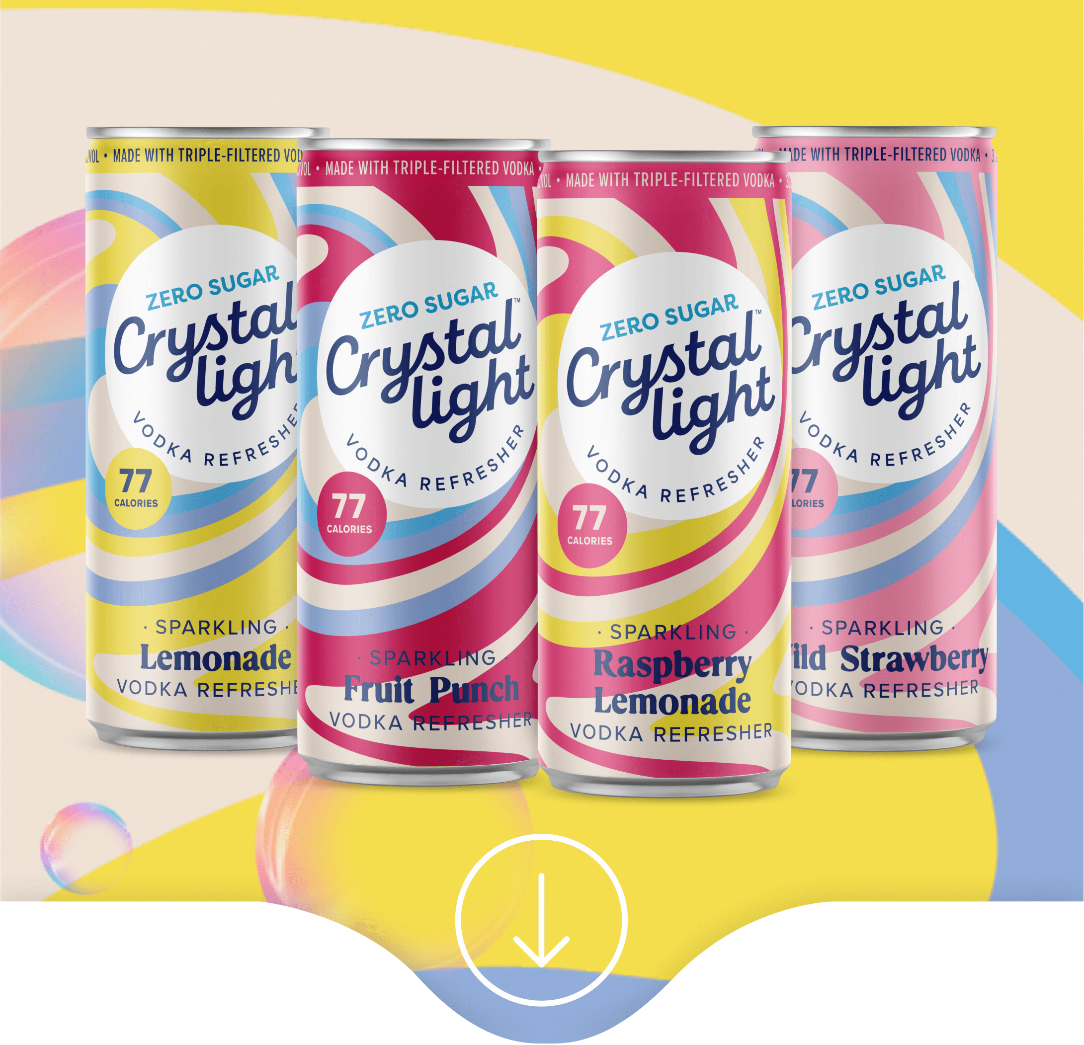Crystal Light Zero Sugar Vodka Refresher cans in Sparkling Lemonade, Fruit Punch, Raspberry Lemonade, and Wild Strawberry.