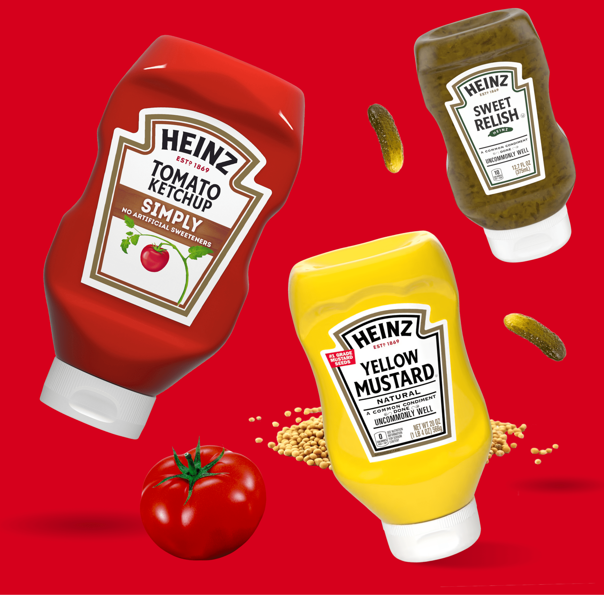 Heinz Simply Tomato Ketchup, Yellow Mustard, and Sweet Relish bottles with fresh ingredients on a red background.