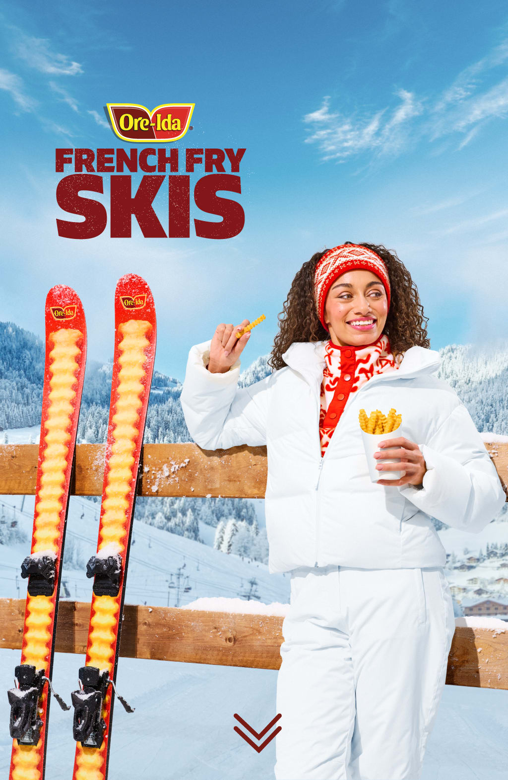 Ore-Ida French Fries skis with a smiling woman and mountain backdrop.