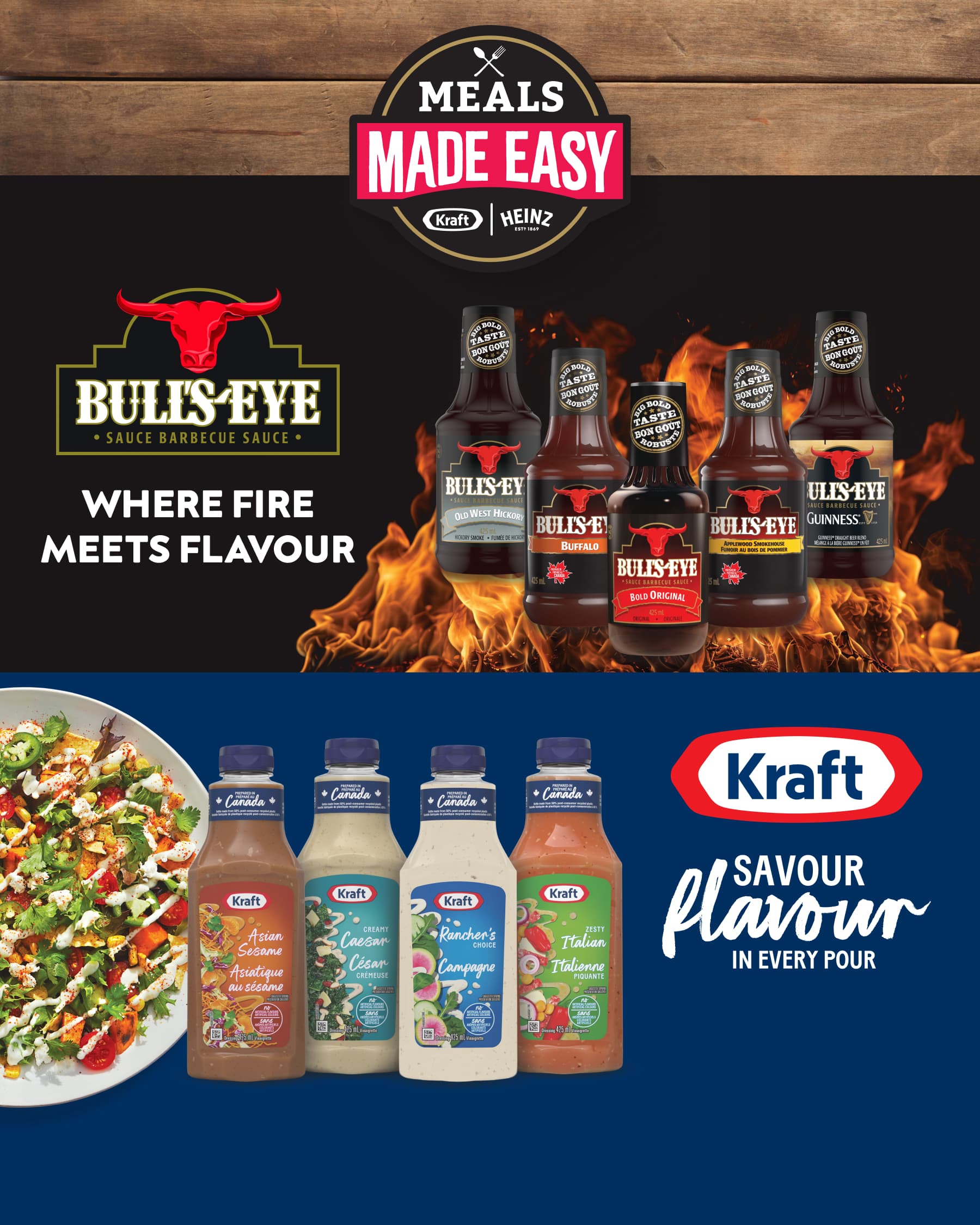 Meals Made Easy banner: Bull's Eye sauces and Kraft Dressings