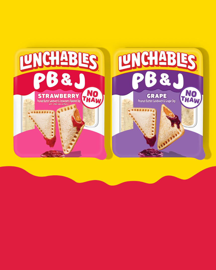 Two Lunchables PB&J packages on a vibrant yellow and red background. The left package features a strawberry flavored dip, whi