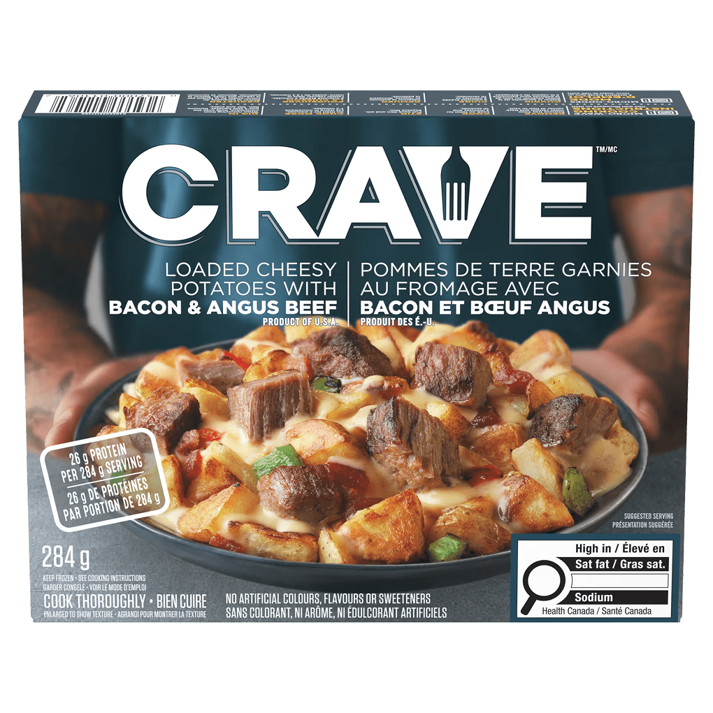 Crave loaded cheesy potatoes with bacon and angus beef frozen meal