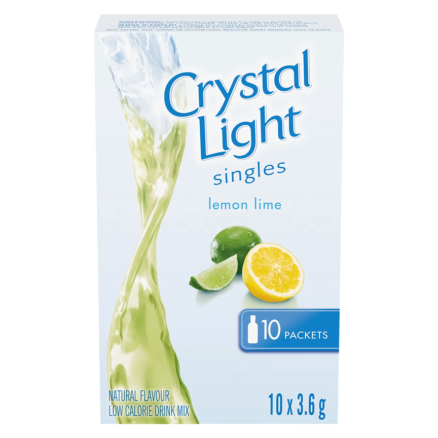 Crystal Light Singles Lemon Lime flavor, 10-packet box.